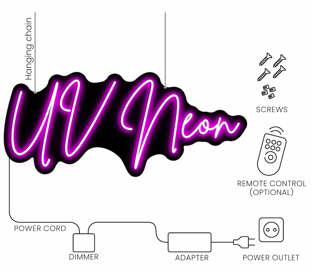 Comprehensive installation kit for custom neon signs featuring LED power supply, mounting hardware, dimmer, and wireless remote control for UV Neon products.