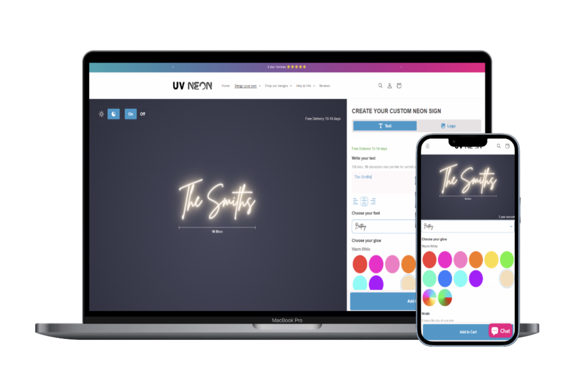 UV Neon custom sign builder shown on laptop and mobile with font and colour preview