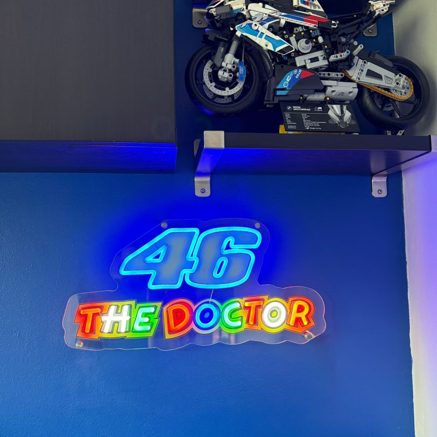 Multi-colour UV printed LED neon sign featuring 46 The Doctor with rainbow letters on clear acrylic for boys bedroom, custom design UK