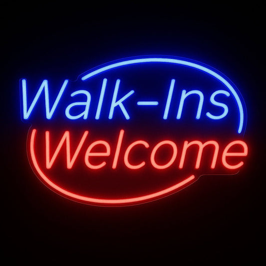 Walk-Ins Welcome neon sign in LED flex with acrylic backing on black background – perfect for salons, barbers, massage studios, and shopfront décor